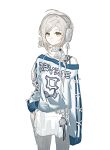 1girl alternate_costume blue_sweater cowboy_shot grey_eyes grey_hair grey_pants hair_bun headphones highres light176 looking_at_viewer pants reverse:1999 short_hair single_off_shoulder single_side_bun solo sweater vertin_(reverse:1999) white_background 