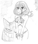  1girl @_@ alternate_costume bags_under_eyes bare_shoulders bikini blush bracelet breasts cleavage cloud cloudy_sky criss-cross_halter earrings embarrassed furrowed_brow gengar greyscale grin hair_between_eyes halterneck hex_maniac_(pokemon_legends:_z-a) highres jewelry looking_at_viewer medium_breasts monochrome navel pokemon pokemon_(creature) pokemon_legends:_z-a sketch sky smile solo_focus sphere_earrings swimsuit v_arms wanderjegson 