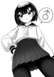  1boy blush crossdressing crossdressing_(mtf) flower from_below hair_flower hair_ornament highres long_sleeves mars_symbol midriff_peek miniskirt monochrome original pantyhose pleated_skirt ribbon school_uniform serafuku simple_background skirt smile speech_bubble trap vae white_background 