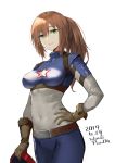  1girl bangs belt blue_pants bodysuit breasts brown_gloves brown_hair captain_america captain_america_(cosplay) cosplay covered_navel cowboy_shot dated eyebrows_visible_through_hair girls_frontline gloves green_eyes hair_between_eyes hand_on_hip highres large_breasts long_hair looking_at_viewer m1903_springfield_(girls_frontline) marvel pants ponytail shield sidelocks simple_background smile solo star white_background 