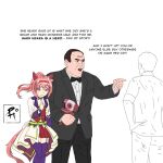  1girl 2boys animal_ears black_bow black_bowtie black_pants black_suit bow bowtie brown_hair dress_pants english_commentary english_text haru_urara_(umamusume) headband horse_ears horse_girl horse_tail jacket long_hair multiple_boys pants pequodv pink_hair pointing pointing_at_another purple_eyes purple_thighhighs red_headband red_skirt red_vest shirt short_hair showgirl_skirt skirt suit suit_jacket tail the_sopranos thighhighs tony_soprano umamusume very_short_hair vest white_jacket white_shirt white_skirt 