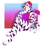  2017 5_fingers anthro breasts citrinelle clothed clothing digital_media_(artwork) felid female fur hair hi_res looking_at_viewer mammal pantherine purple_eyes red_hair simple_background sitting smile solo striped_fur stripes tiger 