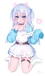  1boy 2025 absurdres ahoge alternate_costume belt black_belt black_choker blue_eyes blue_hair blue_jacket blue_nails blush chinese_commentary choker collarbone commentary cross cross_choker dated drawn_ears drawn_whiskers dress eyes_visible_through_hair fang frilled_dress frills full_body furrowed_brow hair_between_eyes hair_intakes hair_ornament hands_up heart heart_o-ring highres index_finger_raised jacket kamisama_choose!_sensei_onna_no_ko_niatteru_yo! looking_at_viewer male_focus medium_hair nail_polish no_headwear no_shoes o-ring o-ring_thigh_strap open_mouth partially_unzipped shirahato_inori sichuan_luo_li sidelocks signature simple_background single_bare_shoulder sitting skin_fang sleeves_past_wrists socks solo strap_slip thigh_strap tongue tongue_out trap two_side_up wariza white_background white_dress white_socks wing_hair_ornament x_hair_ornament 