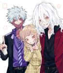  1girl 2boys anoko_(darenokoanoko) belt belt_buckle black_jacket black_pants black_shirt blonde_hair blue_eyes blunt_bangs blush boku_no_hero_academia brown_belt buckle burn_scar buttons collarbone collared_shirt cup dabi_(boku_no_hero_academia) diagonal-striped_clothes diagonal-striped_necktie double-breasted double-parted_bangs double_v dress dress_shirt flower_symbol grey_hair grin hair_between_eyes hair_bun hands_up holding holding_cup jacket lapels light_particles long_bangs long_sleeves looking_at_viewer medium_hair messy_hair mole mole_under_mouth multiple_boys necktie notched_lapels open_clothes open_collar open_jacket pants plaid_clothes plaid_dress purple_shirt red_eyes red_jacket scar scar_across_eye scar_on_cheek scar_on_chest scar_on_face scar_on_mouth scar_on_neck shigaraki_tomura shirt shirt_tucked_in short_hair short_hair_with_long_locks sidelocks smile spiked_hair striped_clothes striped_necktie toga_himiko tsurime v watermark white_background white_hair wing_collar wrinkled_skin yellow_dress yellow_eyes 