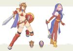  2girls absurdres armor armored_boots bandaid bandaid_on_face bandaid_on_leg bandaid_on_nose belt bikini bikini_armor black_socks blue_coif blue_scarf blue_tabard blush bodysuit boots breasts brown_belt brown_bodysuit brown_boots brown_eyes brown_gloves brown_hair circlet closed_mouth commentary cosplay cross cross_necklace dragon_quest dragon_quest_iii elbow_gloves fingerless_gloves fukana_miyu_(kokuya28) full_body gloves groin hair_ornament highres holding holding_mace holding_shield holding_sword holding_weapon jewelry kneehighs kokuya_(kokuya28) large_breasts looking_at_viewer mace medium_breasts multiple_girls navel necklace open_mouth original pauldrons pink_eyes pink_hair pixel_art pointy_ears priest_(dq3) priest_(dq3)_(cosplay) red_armor red_bikini red_gloves scarf shield short_hair shoulder_armor simple_background sleeveless sleeveless_bodysuit smile socks spiked_mace spikes swimsuit sword symbol-only_commentary tabard thigh_strap two-tone_background warrior_(dq3) warrior_(dq3)_(cosplay) weapon white_background x_hair_ornament 