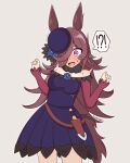  absurdres animal_ears blue_flower blue_rose dagger flower hair_over_one_eye hat hat_flower highres horse_ears horse_girl horse_tail knife purple_shirt rice_shower_(umamusume) rose shirt tail umamusume weapon wide-eyed 