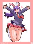  1girl :d animal_ears animal_print arms_up blazer breasts brown_shoes clothes_lift collared_shirt commentary_request cookie_(touhou) dated full_body heart highres hisui_(cookie) itini-sanshi jacket jumping large_breasts loafers long_hair long_sleeves looking_at_viewer miniskirt necktie one_eye_closed open_mouth panties pink_background pink_skirt pleated_skirt print_panties purple_hair rabbit_ears rabbit_girl rabbit_print red_eyes red_necktie reisen_udongein_inaba shirt shoes side-tie_panties simple_background skirt skirt_lift smile socks solo touhou two-tone_background underwear white_background white_shirt white_socks 