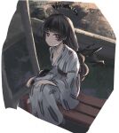  1girl alternate_costume arknights bench black_eyes black_hair blunt_bangs blush bright_pupils broken_halo brown_sash collarbone crossed_legs dark_halo detached_wings diamond-shaped_pupils diamond_(shape) energy_wings from_above halo hand_on_own_knee japanese_clothes kimono long_hair looking_at_viewer olivier_yoyo on_bench outdoors sitting smile solo split_mouth symbol-shaped_pupils very_long_hair virtuosa_(arknights) white_kimono white_pupils wings wooden_bench yukata 