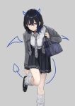  1girl absurdres adjusting_sock bag black_hair black_shoes black_skirt blazer blue_hair blue_horns collared_shirt demon_horns demon_tail grey_background grey_jacket grey_necktie hair_between_eyes highres holding_strap horns ichinose_uruha ichinose_uruha_(6th_costume) jacket leaning_forward leg_up long_sleeves loose_socks lupinus_virtual_games multicolored_hair necktie purple_eyes shirt shoes shoulder_bag simple_background skirt socks standing standing_on_one_leg streaked_hair suru_(seiya) tail virtual_youtuber vspo! white_shirt wings 