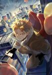  1boy absurdres balloon black_boots black_gloves black_shirt blonde_hair blue_sky boku_no_hero_academia boots bui_(buupopopopopo) building buttons cellphone city cityscape cloud commentary_request earrings facial_hair feathered_wings forked_eyebrows from_side full_body fur-trimmed_jacket fur_trim gloves goatee_stubble goggles goggles_on_head gradient_sky grin hand_in_pocket hawks_(boku_no_hero_academia) high_collar highres holding holding_phone jacket jewelry ledge light_rays long_sleeves looking_at_viewer looking_to_the_side male_focus mark_under_eye morning nihonnneko on_roof open_clothes open_jacket outdoors pants phone red_wings rooftop scar scar_on_cheek scar_on_face scar_on_neck shirt short_hair sideburns_stubble sky skyscraper slit_pupils smartphone smile solo sparse_stubble spiked_hair squatting stubble stud_earrings sun sunbeam sunlight sunrise tinted_eyewear wings yellow-tinted_eyewear yellow_eyes yellow_jacket yellow_pants yellow_sky 