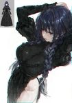  1girl absurdres arms_behind_head black_dress blue_eyes blue_hair braid breasts dress dutch_angle from_side groin highres hololive hololive_english juliet_sleeves k_at_ie_(hxk82) large_breasts light_blush long_dress long_hair long_sleeves looking_ahead low_twin_braids maid open_mouth ouro_kronii ouro_kronii_(maid) puffy_sleeves reference_inset side_slit simple_background solo twin_braids virtual_youtuber white_background wispy_bangs 