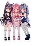  3girls absurdres amayazuki_yua_(yozakura_souki) animal_ears aqua_hair artina_fialard_(yozakura_souki) black_hair blunt_bangs blush bow bowtie collarbone detached_sleeves dress frilled_dress frilled_hairband frilled_thighhighs frills full_body gloves hair_between_eyes hair_bow hairband hands_on_own_thighs heterochromia highres hime_cut hug kneehighs long_bangs long_hair magical_girl multiple_girls open_mouth orichi_sophina_(yozakura_souki) original pink_bow pink_bowtie pink_hair purple_eyes red_eyes sad sidelocks smile socks thighhighs white_background white_gloves white_thighhighs yozakura_souki yuri 