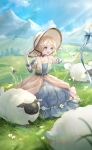  1girl artist_request belt belt_buckle betty&#039;s_adventure_(shining_nikki) blonde_hair blue_belt blue_dress blue_eyes blue_flower blue_sky bow bowtie braid brown_bow brown_bowtie brown_choker buckle bug butterfly child choker cloud collarbone day dress dress_flower eyelashes flower frilled_sleeves frills full_body game_cg gloves hair_flower hair_ornament hairclip hand_on_headwear happy hat highres hill jewelry kneeling layered_dress light_particles light_rays long_dress looking_ahead medium_hair mountainous_horizon necklace nikki_(series) o-ring o-ring_belt official_art on_grass open_mouth outdoors outstretched_arm puffy_short_sleeves puffy_sleeves sheep shining_nikki short_sleeves single_braid sky smile solo sun_hat sunlight susan_(shining_nikki) tareme tree white_flower white_gloves white_hat yellow_dress 