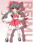  1girl ascot black_shoes bow brown_eyes brown_hair character_name commentary_request detached_sleeves frilled_bow frilled_hair_tubes frilled_skirt frills full_body hair_bow hair_tubes hakurei_reimu hands_on_own_hips highres long_hair mary_janes midriff_peek navel red_bow red_skirt ribbon-trimmed_sleeves ribbon_trim shoes skirt skirt_set socks solo touhou two-tone_skirt very_long_hair white_skirt white_socks yellow_ascot yoppi98ro 
