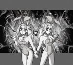  2girls :3 animal_ear_hairband animal_ears bare_shoulders blood blood_on_knife blood_on_weapon braid breasts broken_glass cleavage collarbone commentary curtained_hair dagger detached_collar dual_persona english_commentary extra_faces fake_animal_ears fake_tail feet_out_of_frame frown glass glass_shards greyscale hairband half_up_braid hand_up heart highres holding holding_dagger holding_hands holding_knife holding_weapon knife leotard letterboxed long_hair monochrome multiple_girls necktie one_eye_closed outside_border playboy_bunny princess_(slay_the_princess) rabbit_ear_hairband rabbit_ears rabbit_tail short_necktie signature slay_the_princess small_breasts smile standing stitched_mouth stitches strapless strapless_leotard tail the_adversary_(slay_the_princess) the_beast_(slay_the_princess) the_damsel_(slay_the_princess) the_nightmare_(slay_the_princess) the_prisoner_(slay_the_princess) the_razor_(slay_the_princess) the_spectre_(slay_the_princess) the_stranger_(slay_the_princess) the_witch_(slay_the_princess) weapon wing_collar wrist_cuffs wwwjam 