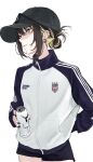  1girl 55rstomdn1qqj6x baseball_cap black_hair black_hat black_shorts blonde_hair can drink_can ear_piercing eyewear_on_head full-length_zipper hat highres holding holding_can idolmaster idolmaster_shiny_colors ikaruga_luca jewelry long_sleeves medium_hair multicolored_hair piercing shorts simple_background solo streaked_hair sweater turtleneck turtleneck_sweater two-tone_hair white_background yellow_eyes zipper 