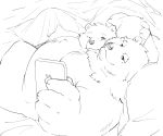  2018 anthro belly cuddling donabe duo hi_res hug humanoid_hands lying male mammal moobs one_eye_closed overweight overweight_male phone ursid wink 