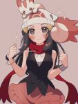  1girl alternate_color black_eyes black_hair black_shirt blush clenched_hands closed_mouth commentary dawn_(pokemon) hair_ornament hairclip hat long_hair mikakami1e on_head pachirisu pink_skirt pokemon pokemon_(creature) pokemon_dppt pokemon_on_head red_scarf scarf shiny_pokemon shirt skirt sleeveless sleeveless_shirt smile symbol-only_commentary twitter_username white_hat 