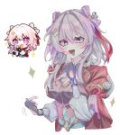  1girl :d bell blue_eyes breasts chibi hair_bell hair_ornament highres honkai:_star_rail honkai_(series) jingle_bell juliet_sleeves long_hair long_sleeves looking_at_viewer march_7th_(honkai:_star_rail) march_7th_(hunt)_(honkai:_star_rail) medium_breasts multicolored_eyes multiple_views open_mouth pink_hair puffy_sleeves purple_eyes shuangyaji simple_background smile sparkle toriniku_(tori_paku2) two-tone_eyes upper_body white_background 