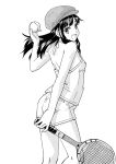  1girl :d ass back ball bare_back bare_shoulders breasts commentary_request cosplay dolores_haze dolores_haze_(cosplay) from_side greyscale halftone highres holding holding_ball lolita_(nabokov) looking_at_viewer looking_back miyano_tomochika monochrome nishizawa_rika open_mouth racket rika_(series) short_shorts shorts sidelocks simple_background small_breasts smile solo tennis_ball tennis_racket white_background 