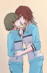  2girls black_nails blue_jacket blue_pants blush closed_eyes commentary_request gradient_hair green_hair highres holding_hands idolmaster idolmaster_shiny_colors ikaruga_luca ikuta_haruki jacket kiss long_hair long_sleeves looking_at_another mine_hn multicolored_hair multiple_girls pants red_hair short_hair simple_background sweatdrop yellow_background yuri 