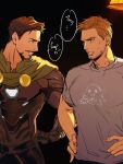  2boys arc_reactor armor avengers_(series) black_armor black_background blonde_hair blue_eyes brown_eyes brown_hair cape chinese_commentary commentary_request doctor_doom facial_hair fingernails full_armor green_cape grey_shirt hand_on_own_hip hands_on_own_hips heart highres lamp looking_at_another male_focus malkogromit marvel marvel_cinematic_universe multiple_boys power_armor shirt short_hair short_sleeves simple_background smile speech_bubble standing steve_rogers sweatdrop t-shirt teeth tony_stark v-shaped_eyebrows 