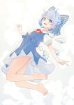  1girl ahoge barefoot blue_dress blue_eyes blue_hair bow cirno dress full_body hair_bow happy highres ice ice_wings looking_at_viewer open_mouth puffy_short_sleeves puffy_sleeves red_bow ribbon short_hair short_sleeves smile solo touhou v wings wrainman 