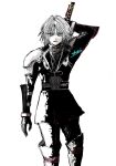  1boy aged_down armor black_coat black_gloves black_pants closed_mouth coat commentary_request feet_out_of_frame final_fantasy final_fantasy_vii final_fantasy_vii_ever_crisis gloves green_eyes grey_hair highres long_sleeves looking_at_viewer male_focus monochrome pants sephiroth sephiroth_(ever_crisis) shinogu_r short_hair shoulder_armor signature solo spot_color standing straight-on sweater sword sword_on_back turtleneck turtleneck_sweater weapon weapon_on_back white_background 