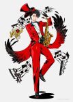  1boy alternate_costume amamiya_ren black-framed_eyewear black_eyes black_feathers black_gloves black_hair black_shoes black_wings feathers full_body glasses gloves hat holding holding_instrument holding_saxophone instrument long_sleeves looking_at_viewer musical_note official_art pants persona persona_5 red_hat red_pants red_suit red_wings saxophone shirt shoes short_hair simple_background soejima_shigenori solo suit third-party_source top_hat wavy_hair white_background wings 
