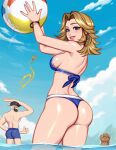  1girl ass back ball beach beachball bikini blonde_hair blue_eyes blushyspicy breasts commentary english_commentary highres looking_at_viewer looking_down marvel marvel_rivals reed_richards small_breasts string_bikini sue_storm swimsuit thighs water 