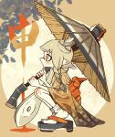  1girl braid commentary_request full_body grey_hair hair_horns hair_ornament highres holding holding_umbrella holding_weapon inkling inkling_girl inkling_player_character long_hair looking_ahead okobo osakanagumi11 platform_sandals pointy_ears recycled_brella_24_(splatoon) sandals single_braid socks solo splatoon_(series) splatoon_3 squatting tabi tentacle_hair umbrella weapon white_socks x_hair_ornament yellow_eyes 