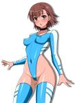  1girl ass_visible_through_thighs black_choker blue_thighhighs blush breasts brown_eyes brown_hair cameltoe choker collarbone covered_navel covered_nipples cowboy_shot flower frozen_gingasan hair_flower hair_ornament highleg highres impossible_clothes leotard long_sleeves looking_at_viewer medium_breasts misaka_mikoto multicolored_leotard open_mouth realise shiny_skin short_hair simple_background small_breasts solo standing swimsuit thighhighs toaru_kagaku_no_railgun toaru_majutsu_no_index transparent_background two-tone_swimsuit white_background 