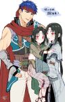  3boys absurdres aina123 anniversary armor black_hair blue_eyes blue_hair capelet carrying child child_carry commentary_request facial_mark fire_emblem fire_emblem:_path_of_radiance fire_emblem:_radiant_dawn fire_emblem_heroes forehead_mark headband highres ike_(fire_emblem) ike_(vanguard_legend)_(fire_emblem) long_hair male_focus multiple_boys official_alternate_costume red_eyes red_headband short_hair soren_(fire_emblem) soren_(hushed_voice)_(fire_emblem) soren_(radiant_confidant)_(fire_emblem) time_paradox translation_request watermark 
