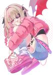  1girl absurdres belt demon_wings denim denim_shorts doom_yorusen eyepatch highres jacket nike_(company) pink_belt pink_jacket pointy_ears shoe_soles shoes shorts sneakers wings 