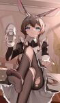  1girl absurdres amiya_(arknights) animal_ear_fluff animal_ears apron arknights black_dress black_pantyhose blue_eyes chinese_commentary closed_mouth clothes_lift collared_dress commentary_request crossed_legs double-parted_bangs dress dress_lift dutch_angle foot_out_of_frame foot_up hand_up highres holding holding_shoes holding_unworn_clothes indoors lifting_own_clothes long_sleeves looking_at_viewer maid maid_apron pantyhose rabbit_ears shenmi_de_xigua shoes sitting smile smug sneakers solo torn_clothes torn_pantyhose unworn_shoes variant_set white_apron white_shoes wing_collar zipper_pull_tab 