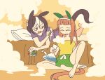  2girls barefoot bed bong brown_hair farfinfarfin green_shorts headband horse_girl horse_tail marijuana multiple_girls orange_hair pillow playing_with_another&#039;s_hair purple_shirt rubik&#039;s_cube shirt shorts silence_suzuka_(umamusume) smoke spaghetti_strap special_week_(umamusume) tail umamusume 