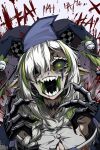  1girl arthropod_girl black_sclera blood blood_splatter blue_hat breasts claws cleavage colored_sclera green_eyes green_hair hair_over_one_eye hat highres indie_virtual_youtuber inhumandregs jester_cap juniper_actias laughing monster_girl moth_girl multicolored_hair partially_unbuttoned pointy_ears sharp_teeth shirt streaked_hair teeth virtual_youtuber white_hair white_shirt 