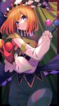  1girl absurdres alternate_costume asymmetrical_gloves ball black_gloves blue_eyes checkered_clothes detached_sleeves gloves go-toubun_no_hanayome hat highres holding holding_ball jester jester_cap looking_at_viewer nakano_yotsuba neck_ruff orange_hair pierrot red_gloves short_hair smile solo tamago_sando 