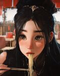  1girl black_dress black_hair brown_eyes chopsticks dress earrings eating food highres holding holding_chopsticks indoors jewelry long_hair mole mole_under_eye necklace noodles original portrait ramen sam_yang shop sidelocks solo sparkling_eyes updo very_long_hair 