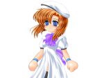  1girl beret black_thighhighs blue_eyes bow bowtie bracelet breasts closed_mouth dress empty_eyes expressionless eyes_visible_through_hair game_cg hair_between_eyes hat higurashi_no_naku_koro_ni jewelry large_variant_set medium_breasts multiple_bracelets no_nose orange_hair parted_bangs purple_bow purple_bowtie ryukishi07 ryuuguu_rena short_hair short_sleeves slit_pupils thighhighs variant_set white_dress white_hat 
