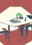  1boy against_table can ceiling_light chair chess_piece chessboard drink_can elbow_rest exhausted full_body gamedaeha green_hair hair_over_shoulder hand_on_own_chin library_of_ruina limited_palette medium_hair netzach_(project_moon) on_chair project_moon red_background simple_background sitting slouching solo spot_color spotlight table wooden_chair wooden_table 