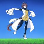  1girl :d agnes_tachyon_(umamusume) ahoge animal_ears blue_sky blush boots chemical_structure closed_eyes earrings grass high_heel_boots high_heels highres horse_ears horse_girl horse_tail huge_ahoge jewelry lab_coat medium_hair necktie outstretched_arms pantyhose shiruko_(oshiruko) short_necktie single_earring sky sleeves_past_fingers sleeves_past_wrists smile solo spread_arms sweater sweater_vest tail test_tube umamusume wolf_cut yellow_sweater yellow_sweater_vest 