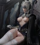  1girl 3d absurdres artist_name ascot baluster blender_(medium) blue_jacket breasts breasts_out cleft_of_venus duchess_(elden_ring) elden_ring elden_ring_nightreign eye_mask garter_straps gloves highres holding holding_knife holding_weapon jacket knife lace-trimmed_thighhighs lace_trim long_hair looking_at_viewer medium_breasts nianbingzi nipples parted_lips photoshop_(medium) pussy sitting solo stairs thighhighs thighs weapon white_ascot white_gloves white_thighhighs 