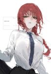  1girl black_pants blue_necktie breasts chainsaw_man collared_shirt english_text highres large_breasts le_(szs0k) long_sleeves looking_at_viewer makima_(chainsaw_man) necktie pants parted_lips ponytail red_hair shirt simple_background teeth upper_body white_background white_shirt 