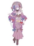  1girl :o alternate_costume alternate_hairstyle boots breasts corset double_bun dress full_body glasses gloves hair_bun hair_ribbon hat high_heel_boots high_heels highres long_hair long_sleeves looking_at_viewer medium_breasts mob_cap patchouli_knowledge pink_dress pink_gloves purple_eyes purple_hair ribbon round_eyewear sideboob solo touhou very_long_hair white_background zenritsu 