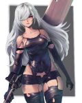  1girl a2_(nier:automata) alt_text android artist_name bare_shoulders border breasts closed_mouth commentary covered_navel english_commentary eyelashes greatsword hair_over_one_eye highres holding holding_sword holding_weapon long_hair medium_breasts miss_faves mole mole_under_mouth nier:automata nier_(series) outside_border skindentation solo standing sword twitter_username weapon white_border white_hair 