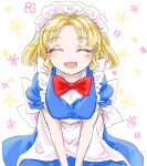  1girl apron back_bow blonde_hair blue_dress blush bow bowtie closed_eyes dress facing_viewer floral_background frilled_apron frills happy juliet_sleeves long_sleeves maid_apron maid_headdress mugetsu_(touhou) open_mouth parted_bangs puffy_short_sleeves puffy_sleeves red_bow red_bowtie s-a-murai short_sleeves smile solo touhou touhou_(pc-98) v_arms white_apron white_bow 