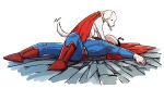  1boy absurdres animal black_hair blue_bodysuit bodysuit boots briefs cape concrete dc_comics ddalgi_nim dog highres knee_up krypto_the_superdog long_sleeves looking_at_another lying male_focus male_underwear on_back outstretched_arm red_boots red_cape short_hair simple_background superhero_costume superman superman_(series) superman_logo tail tail_wagging tongue tongue_out underwear white_background |_| 