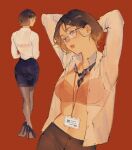  1girl amo_(amo_0514) arms_behind_head arms_up ass black_shoes black_skirt bra bra_visible_through_clothes breasts brown_eyes brown_hair brown_pantyhose chinese_commentary cleavage collarbone collared_shirt commentary_request crossed_ankles earrings glasses hair_behind_ear head_tilt high_heels highres id_card jewelry lanyard lips long_sleeves looking_at_viewer loose_necktie medium_breasts multiple_views navel necktie office_lady open_clothes open_shirt original pantyhose parted_bangs parted_lips pearl_earrings pencil_skirt pink_bra red_background see-through_clothes see-through_shirt shirt shoes short_hair short_necktie sideways_glance simple_background skirt standing stomach striped_necktie turning_head underwear white_shirt 