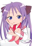  1girl absurdres black_bow bored bow chair frown hand_on_own_face highres hiiragi_kagami holding holding_pen long_hair looking_at_viewer lucky_star neckerchief pen pink_neckerchief purple_hair red_sailor_collar red_sleeve_cuffs ryouou_school_uniform sailor_collar school_uniform shirt sitting sketch_background table tsurime twintails white_background white_shirt yq9nhoedbnmi6iy 
